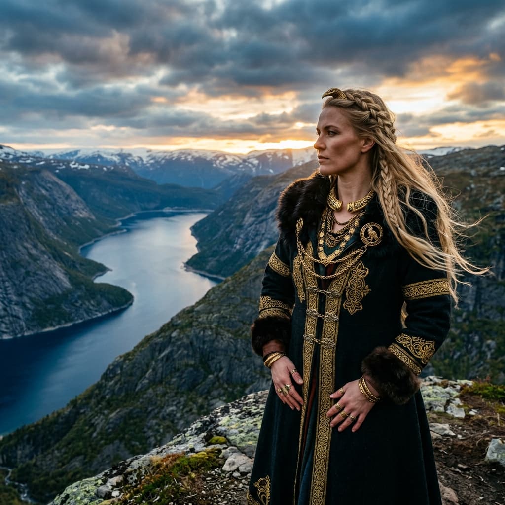 Modern Viking Queen looking over a fjord